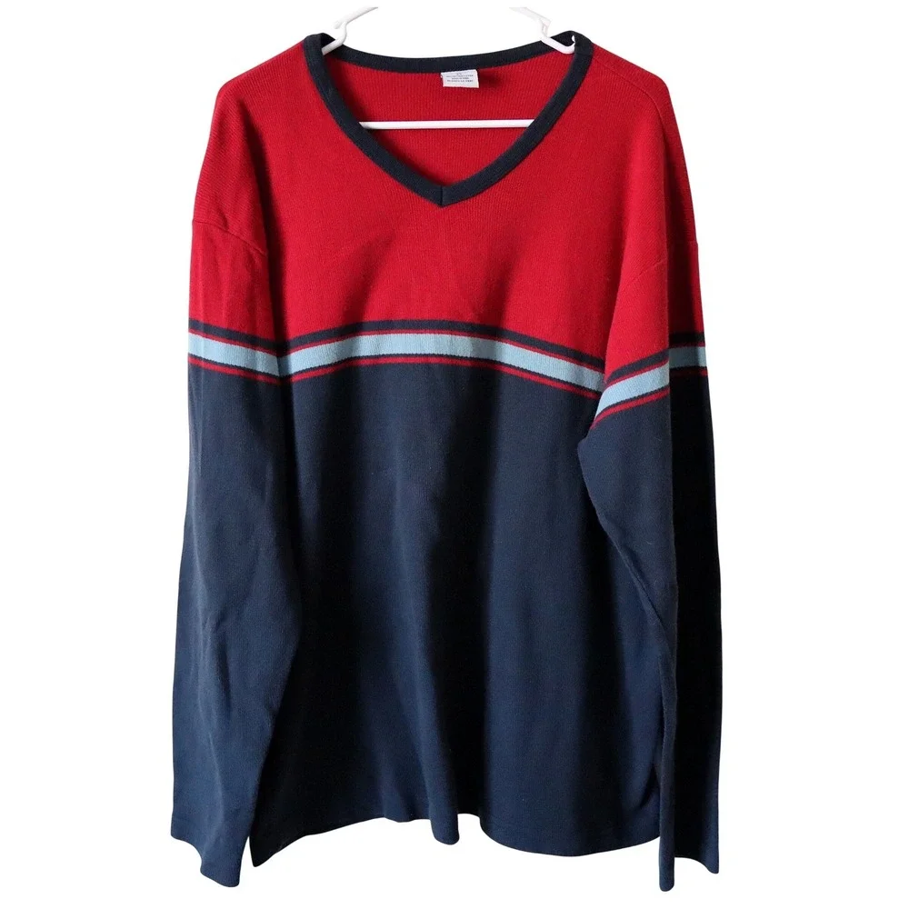 Old Navy Mens Red Navy Blue Stripe V Neck‎ Long Sleeve Sweater XL Cotton Vintage